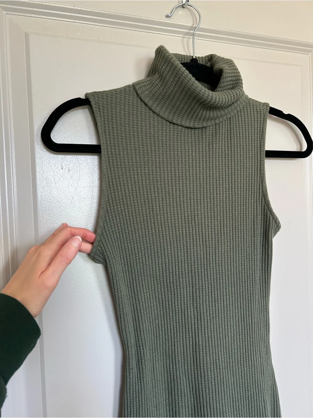Stateside Olive Waffle Textured Sleeveless Turtleneck Midi Dress